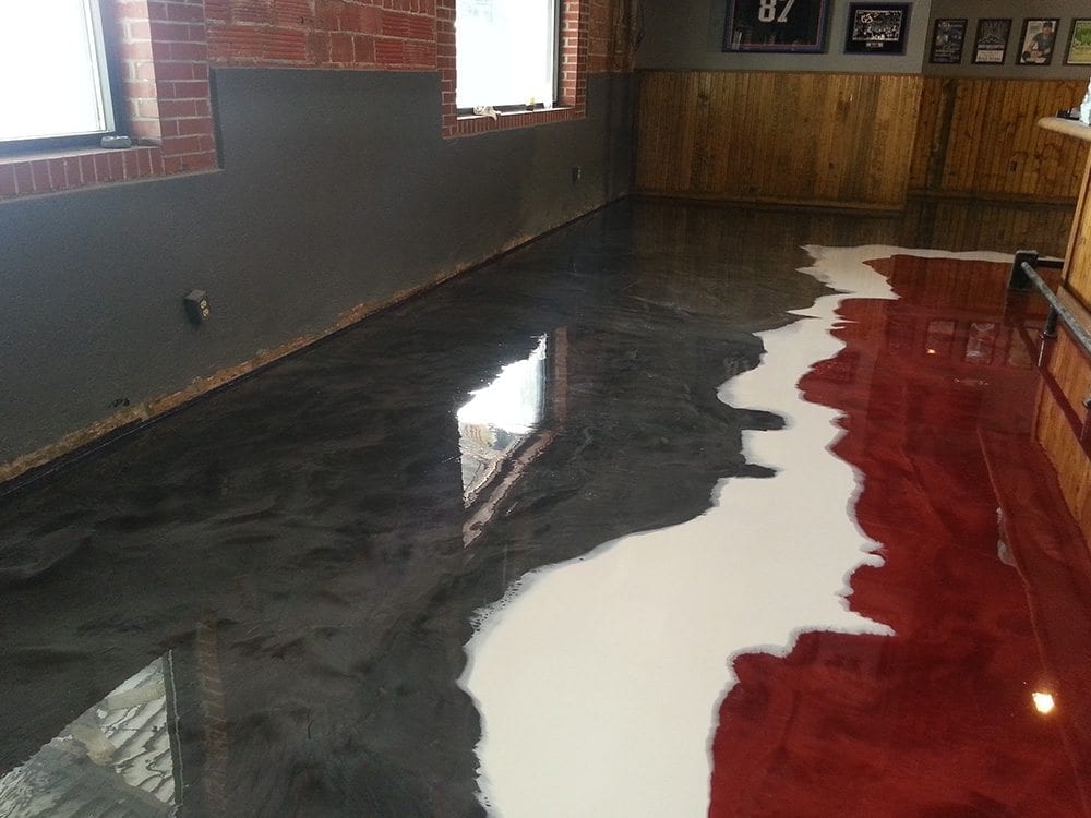 pewter white red interior pool area