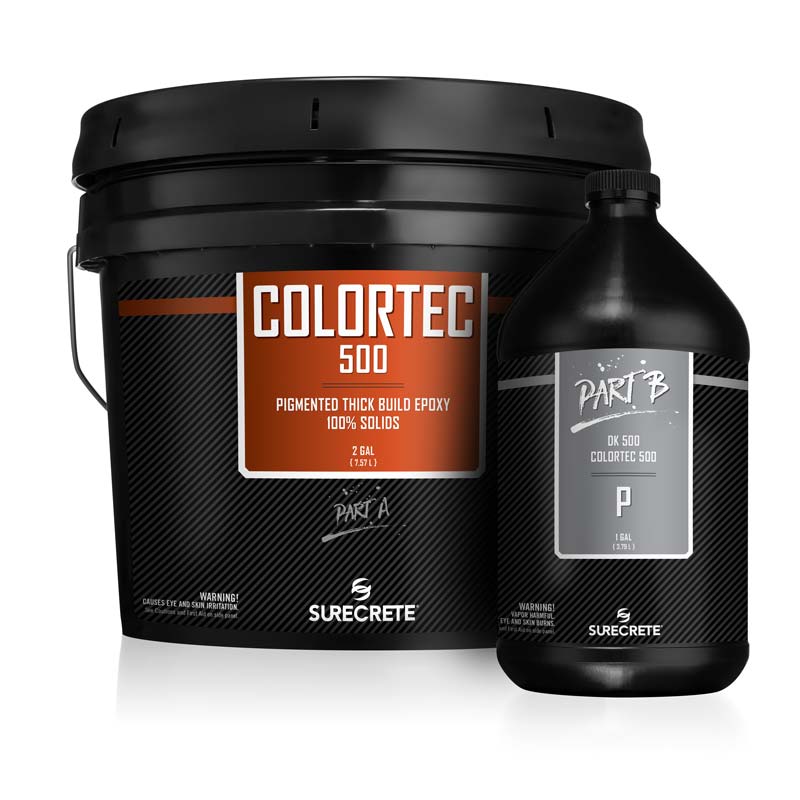 SureCrete's Dura-Kote ColorTec500™ premium color epoxy 100% for floors is available in three and fifteen-gallon kits. 30 Standard colors including black, white, blue, gray, green, red and with SureCrete's On-Demand tint machine, color matching virtually any color needed.