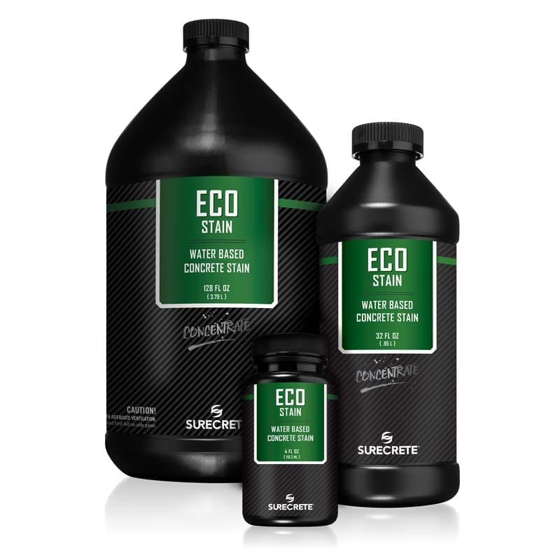 Eco-Stain™ is a liquid semi-transparent water-based concrete stain for accent coloring that can be sprayed, brushed rolled or even sponged. Used for staining concrete floors and walls including overlays and cast concrete products. New for 2017, Eco-Stan is now available in a concentrated liquid 32oz. bottle that makes one full gallon and a 128 oz. concentrated bottle. Offered in 30 UV stable concrete stain colors, EcoStain™ can be diluted up to 10:1 to create virtually any color stain color desired. Applying concrete dyes has never been easier.